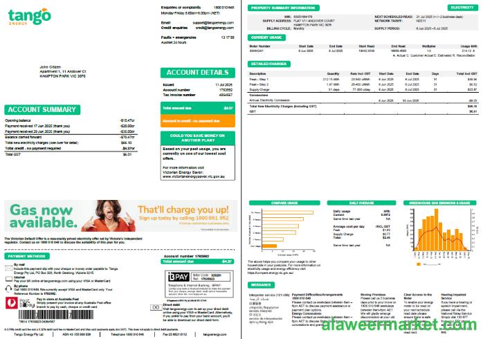 Australia Tango Energy utility bill template in Word and PDF formats, 2 pages